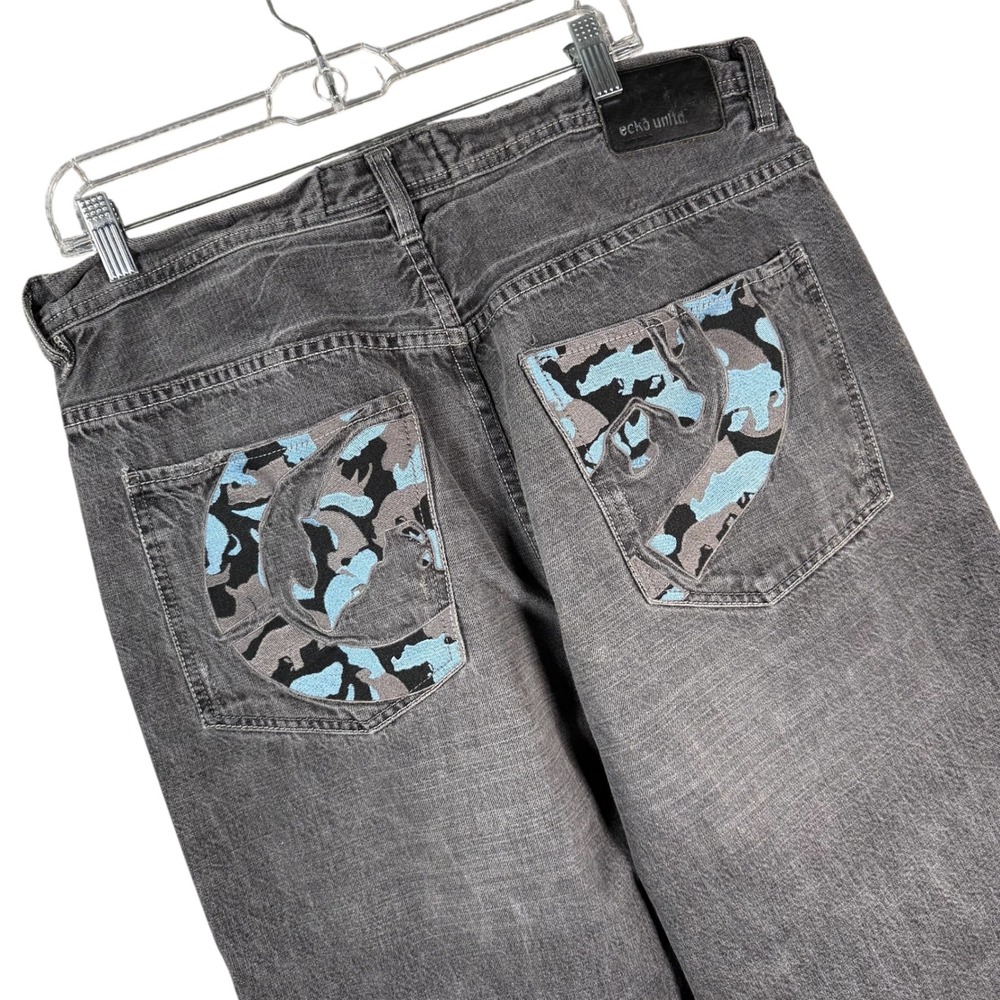 Ecko Unltd Baggy Fit Jeans Men 34 Black Camo Rhino Logo Y2K Streetwear Denim VTG